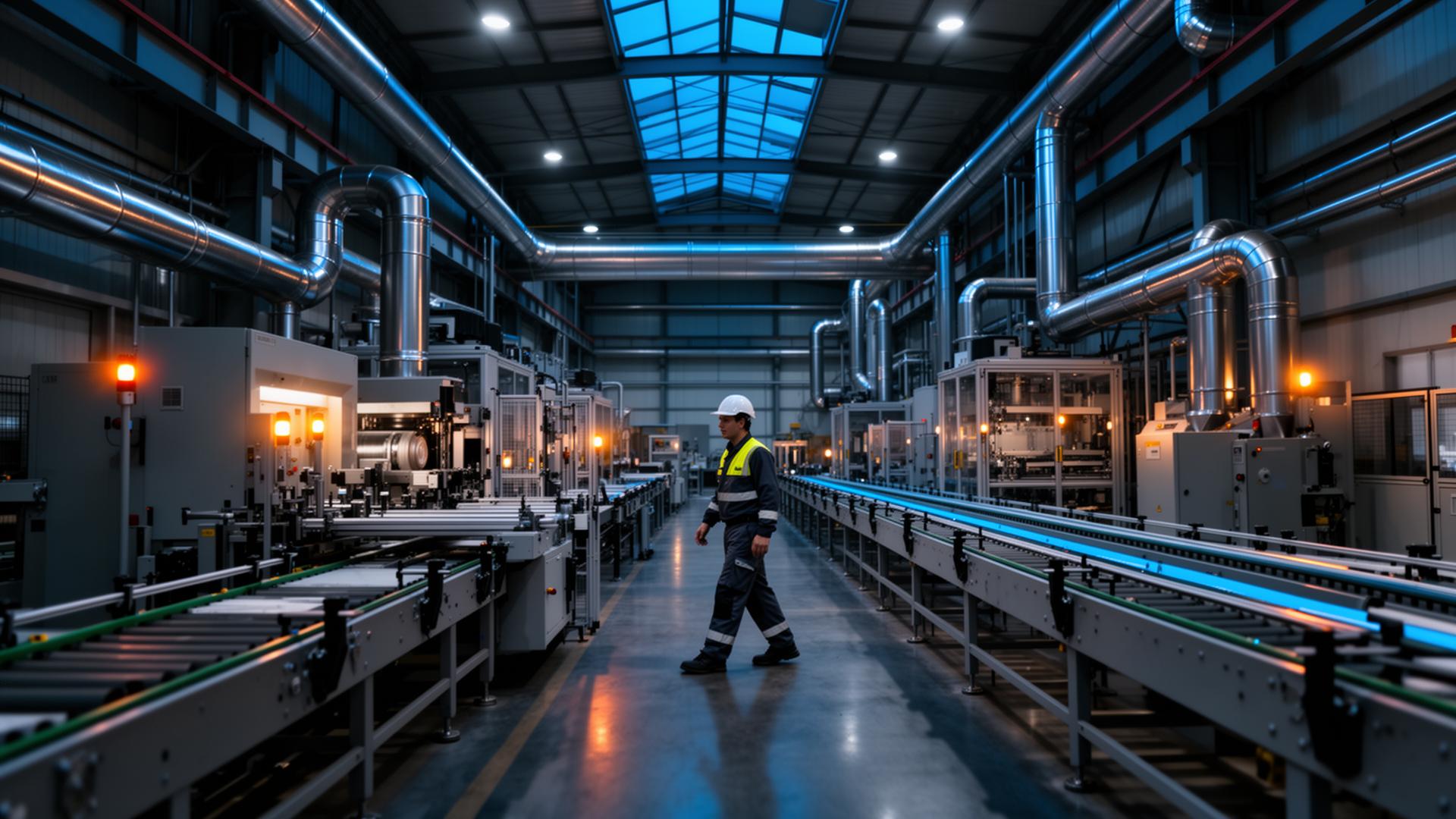 Modern industrial manufacturing plant interior with conveyor lines and a maintenance engineer